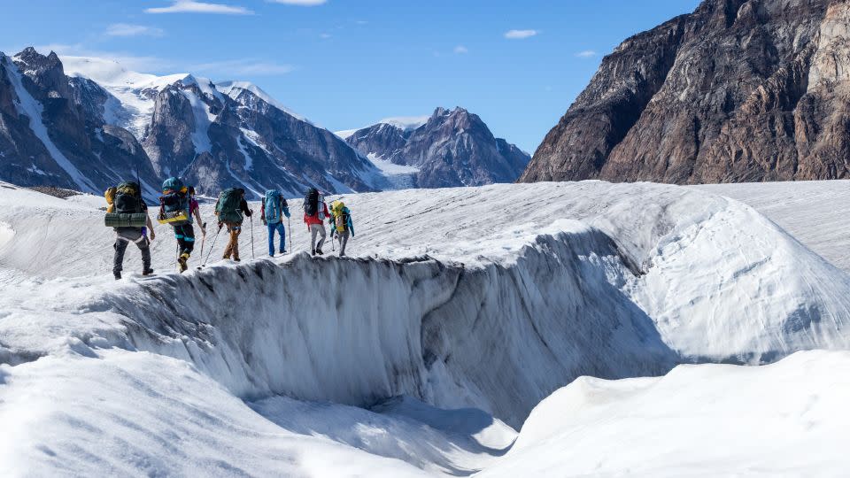 The team walk up Edward Bailey Glacier. - Matt Pycroft/National Geographic