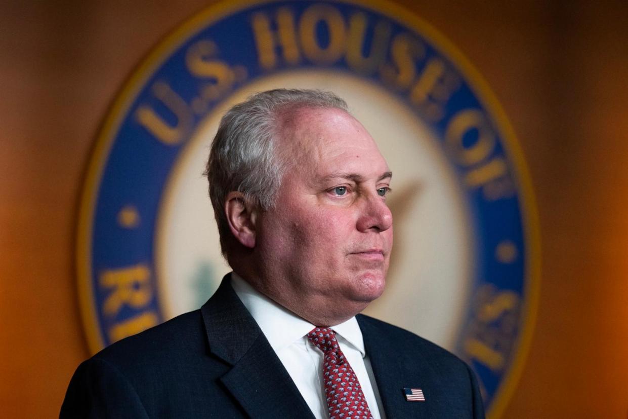 PHOTO: House Majority Leader Steve Scalise attends a news conference in the Capitol Visitor Center with leadership where they addressed the continuing resolution to fund the government and the war in Israel, Nov. 14, 2023. (Tom Williams/CQ-Roll Call via Getty Images)