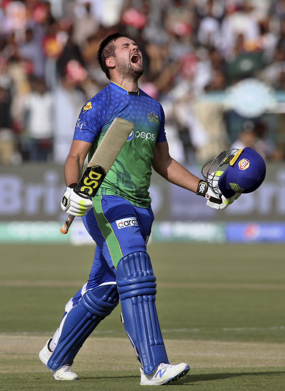 Multan Sultans batsman Rilee Rossouw reacts after complete his century against Quetta Gladiators during their Pakistan Super League T20 cricket match in Multan, Pakistan, Saturday, Feb. 29, 2020. (AP Photo/K.M. Chaudary)