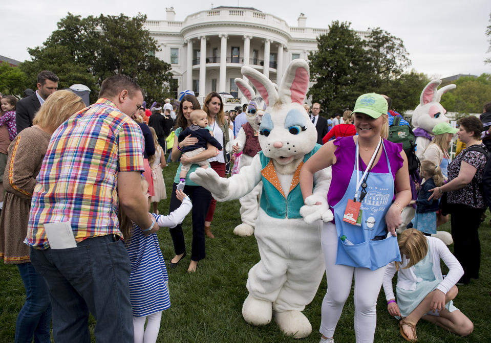 Easter Bunny greeting guests at White House Easter Egg Roll