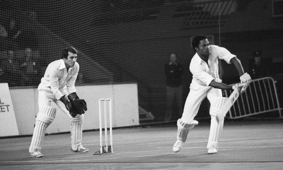 Norbert Phillip (West Indies) bats in front of Leicestershire wicketkeeper Roger Tolchard in the indoor Double Wicket Championship at Wembley Arena in 1978.