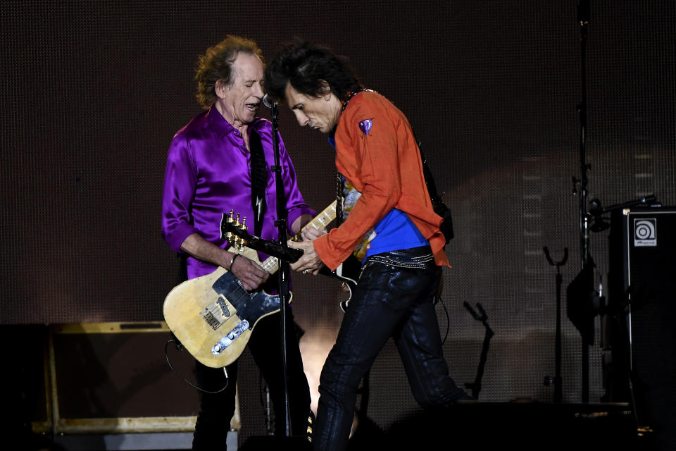 DENVER, CO - AUGUST 10: Keith Richards and Ronnie Wood as the Rolling Stones perform at Mile High Stadium August 10, 2019 in Denver, Colorado. (Photo by Joe Amon/MediaNews Group/The Denver Post via Getty Images)