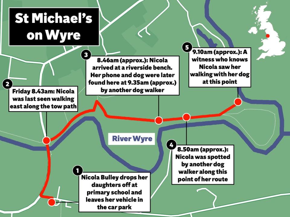 Map showing Nicola Bulley’s movement since going missing on 27 January (Datawrapper/The Independent)