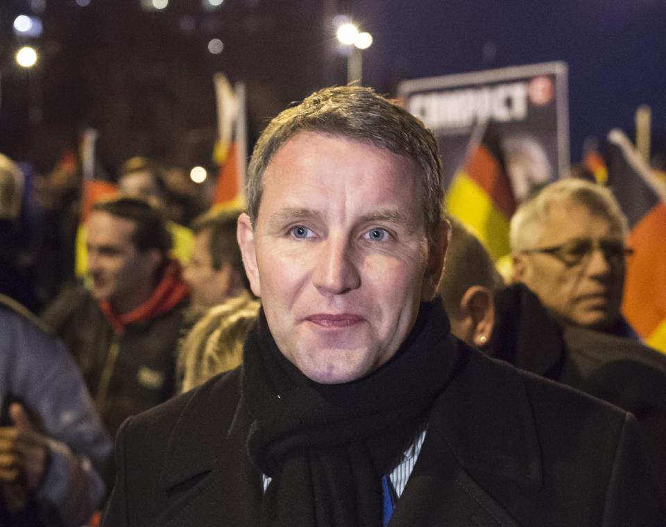 FILE - In this March 16, 2016 file photo Bjoern Hoecke, chairman of the Alternative fuer Deutschland (AfD) in the German state of Thuringia, leads a rally in Erfurt, Germany. AfD leadership has voted to start proceedings that could see the prominent member expelled over comments suggesting that the country end its tradition of acknowledging and atoning for the Nazi past, the party said Monday, Feb. 13, 2017. (AP Photo/Jens Meyer, file)