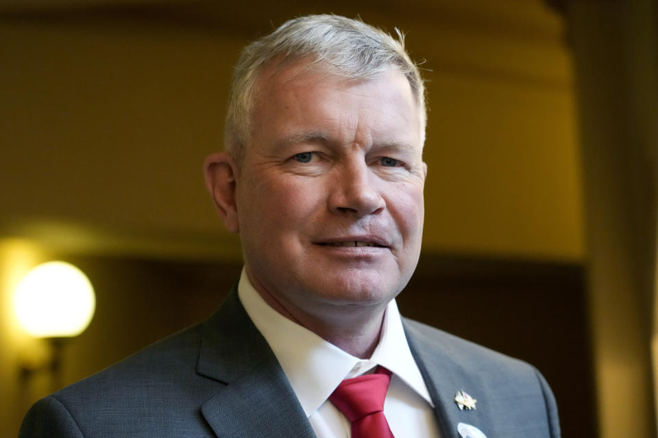 Ghannon Burton, a military veteran, poses for a photo, March 6, 2024, at the Mississippi State Capitol in Jackson. Burton is a candidate in the party primary, Tuesday, March 12, 2024, seeking the Mississippi Republican Party nomination for the U.S. Senate, replacing current Mississippi U.S. Sen. Roger Wicker. (AP Photo/Rogelio V. Solis)