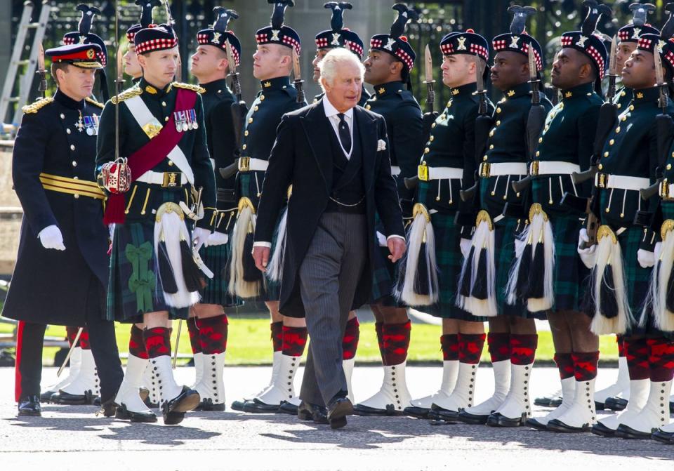 The King inspects the guard of honour at the Ceremony of the Keys at the Palace of Holyroodhouse (Lisa Ferguson/The Scotsman/PA) (PA Wire)