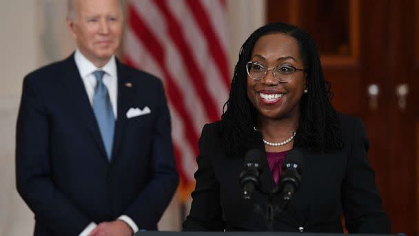 PHOTO: Judge Ketanji Brown Jackson, with President Joe Biden, speaks after she was nominated for Associate Justice of the US Supreme Court, in the Cross Hall of the White House in Washington, Feb. 25, 2022.  (Saul Loeb/AFP via Getty Images, FILE)