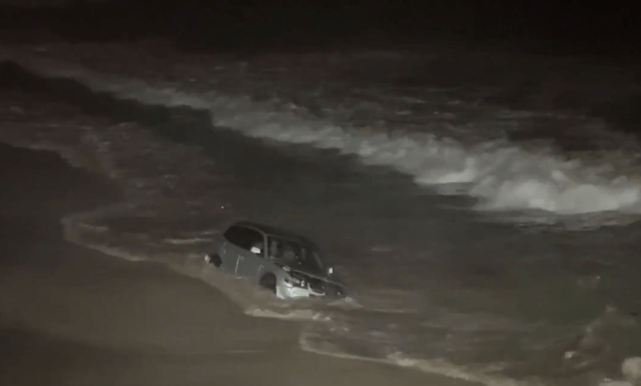 A suspect and their vehicle ended up in the Pacific Ocean after a wild pursuit that terminated in Venice, California on Mar. 17, 2024. (Citizen App)