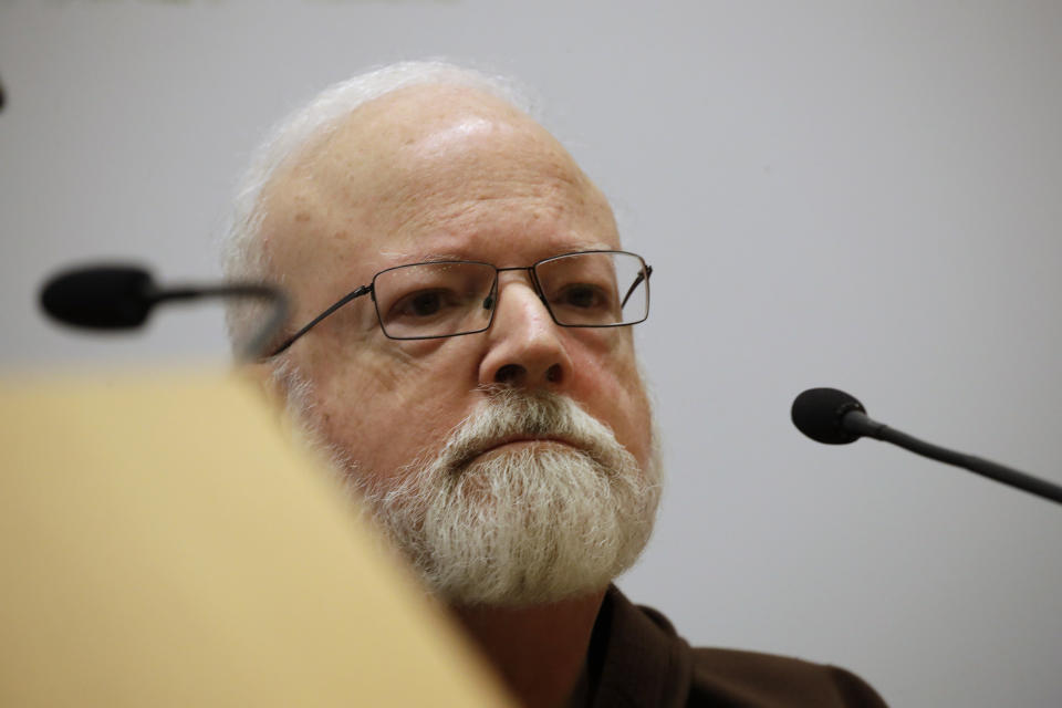 Cardinal Sean Patrick O'Malley, listens reporters' questions at a media briefing during a four-day sex abuse summit called by Pope Francis, in Rome, Friday, Feb. 22, 2019. (AP Photo/Alessandra Tarantino)