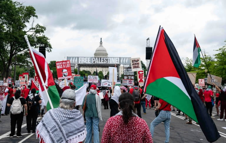 Manifestantes propalestinos protestan cerca del Capitolio de Estados Unidos antes de que el primer ministro israelí, Benjamin Netanyahu, se dirija a una reunión plenaria del Congreso el 24 de julio de 2024, en Washington, DC. (andrew thomas)