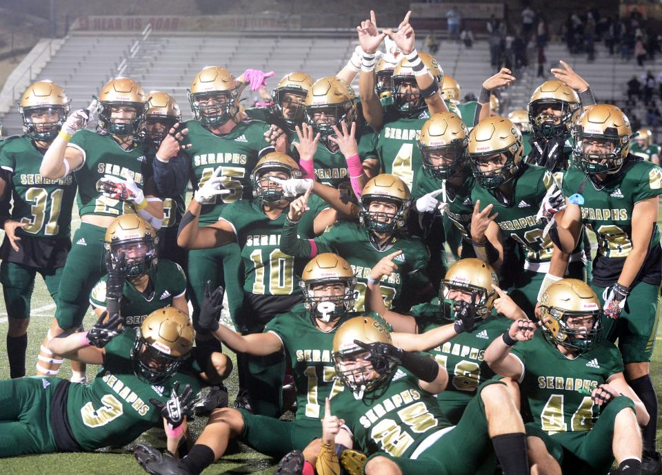 St. Bonaventure players celebrate after beating Oaks Christian 34-13 on Oct. 29 to clinch the Marmonte League title and an unbeaten regular season.
