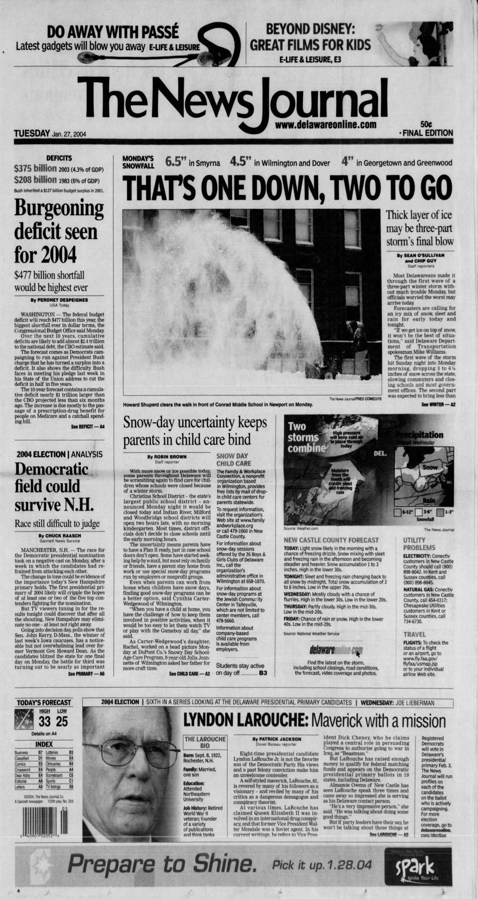 Front page of The News Journal from Jan. 27, 2004.
