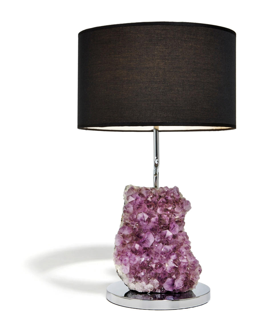 This undated photo provided by RabLabs shows their Cielo lamp that has a pillar of amethyst crystals topped with a pretty shade. Amethyst is considered by some to be both calming and energizing. Rock- and mineral-themed decor is part of a fall trend toward nature and natural elements. (AP Photo/RabLabs, John Muggenborg/muggphoto.com)