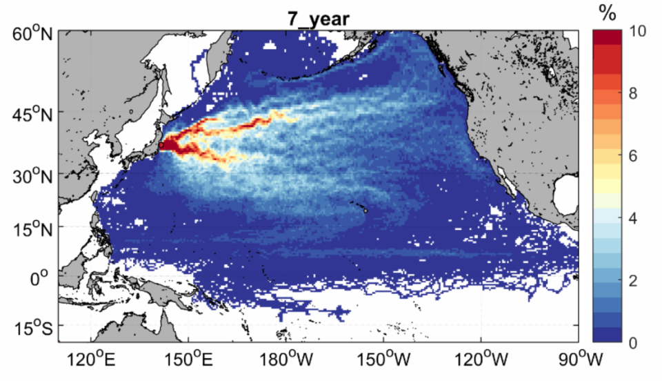 假設福島核電廠含氚核廢水於北緯37.3度外每日連續排放，7年後整個北太平洋都會受到影響。   圖：翻攝自海大官網