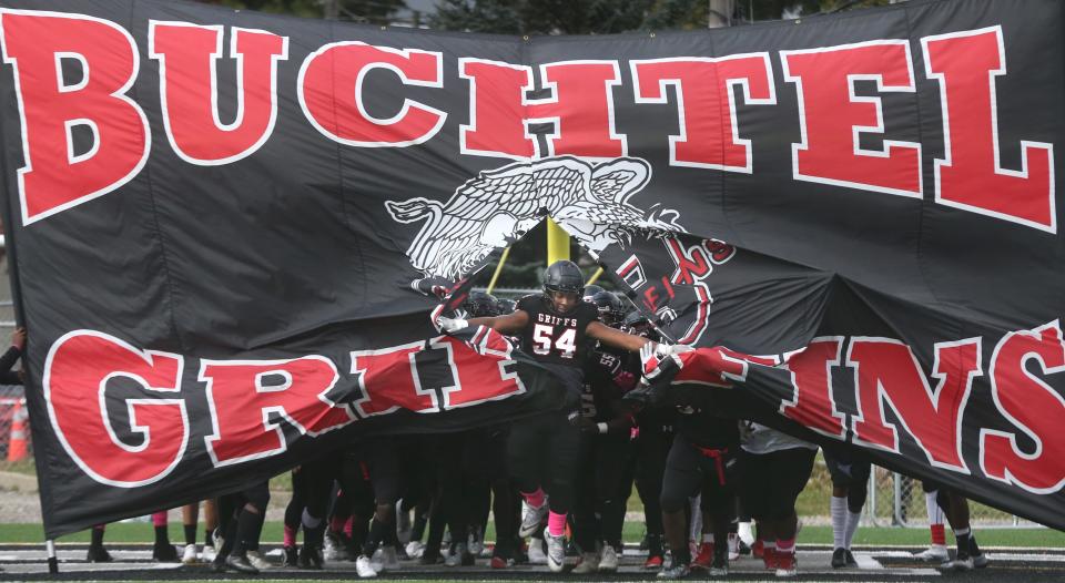 The Buchtel Griffins take the field before the game against East on Saturday, Oct. 7, 2023, in Akron, Ohio, at Griffin Stadium. [Phil Masturzo/ Beacon Journal]