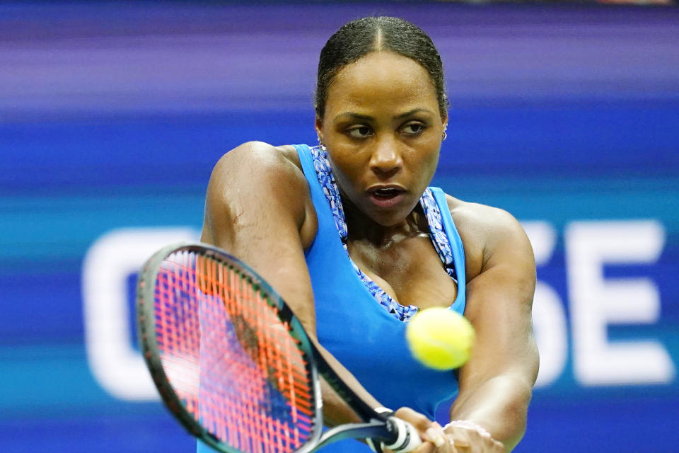 FILE - Taylor Townsend, of the United States, returns a shot to Barbora Krejcikova and Katerina Siniakova, both of the Czech Republic, while competing with Caty McNally, of the U.S., during the final of the women's doubles at the U.S. Open tennis championships on Sept. 11, 2022, in New York. As Townsend was preparing to return to professional tennis after becoming a mom nearly two years ago, she sought counsel from a couple of pretty good sources: Serena Williams and Kim Clijsters. (AP Photo/Matt Rourke, File)