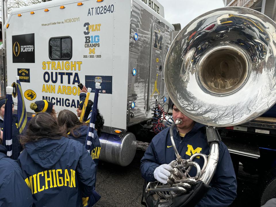 Members of the University of Michigan marching band prepare for the start of the University of Michigan football parade in Ann Arbor on Saturday, Jan. 13, 2024.