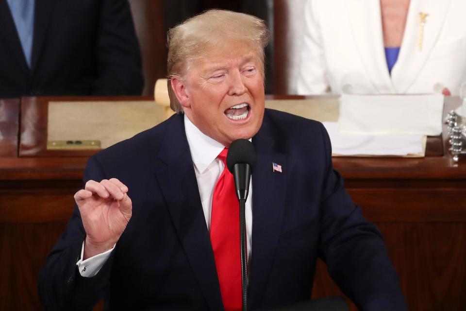 President Donald Trump delivers the State of the Union address as House Speaker Rep. Nancy Pelosi (D-CA)  and Vice President Mike Pence look on in the chamber of the U.S. House of Representatives on February 04, 2020 in Washington, DC.