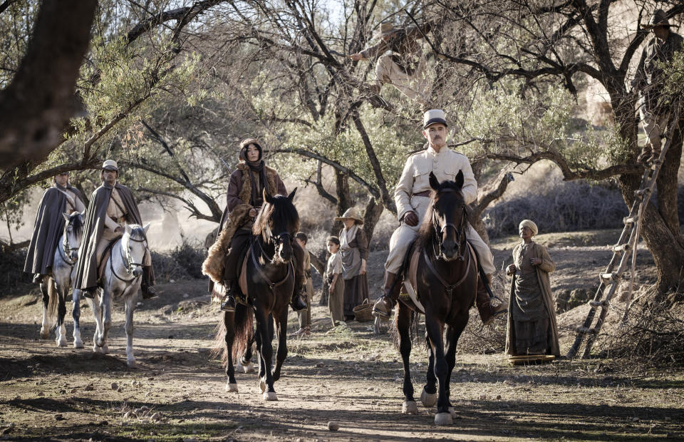 This image released by Samuel Goldwyn Films shows Mark Rylance, right, followed by Gana Bayarsaikhan in a scene from "Waiting for the Barbarians." (Fabrizio Di Giulio/Samuel Goldwyn Films via AP)