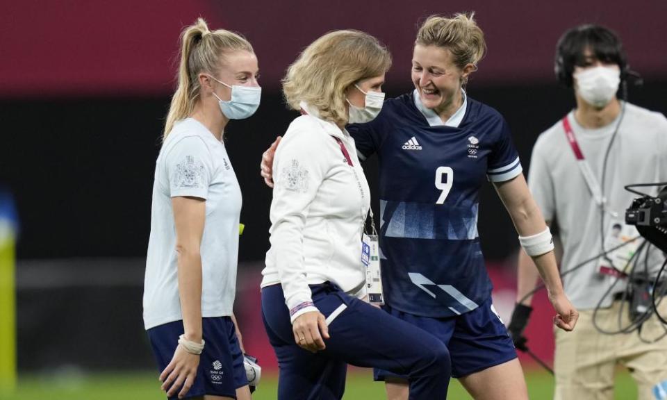 Hege Riise with Ellen White after England’s win over Chile in their opening game of the Olympics.
