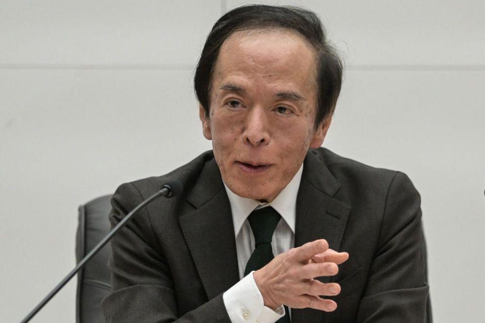 Bank of Japan Governor Kazuo Ueda at a press conference. 