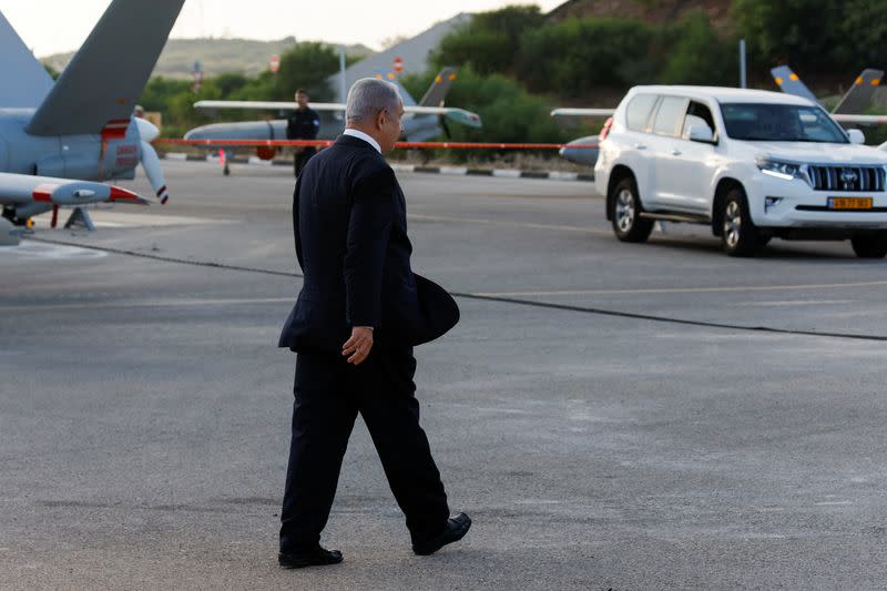 Israeli PM Netanyahu visits the Palmachim Air Force Base, near the city of Rishon Lezion