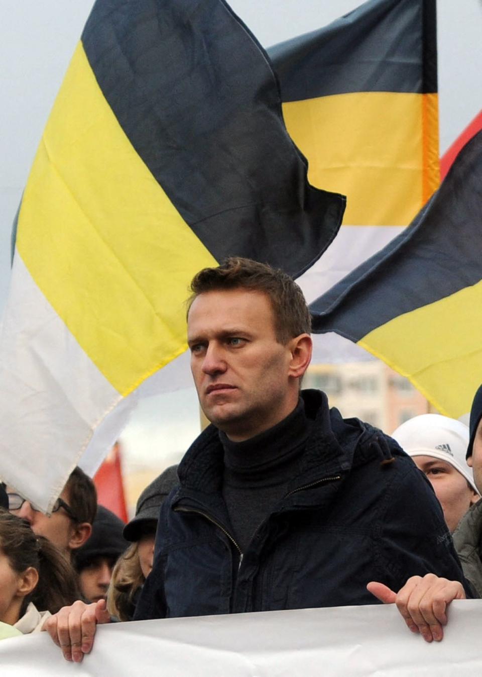 A picture taken on November 4, 2011, in the southeastern outskirts of Moscow shows influential blogger Alexei Navalny taking part in the so-called "Russian March," which marks the National Unity Day. "The main event is Navalny," said Alexander Morozov, a political analyst and director of the Moscow Centre of Media Studies. (Andrey Smirnov /AFP via Getty Images)