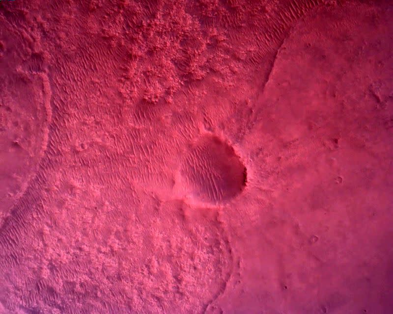 The surface of Mars directly below NASA's Mars Perseverance rover is seen using the Rover Down-Look Camera