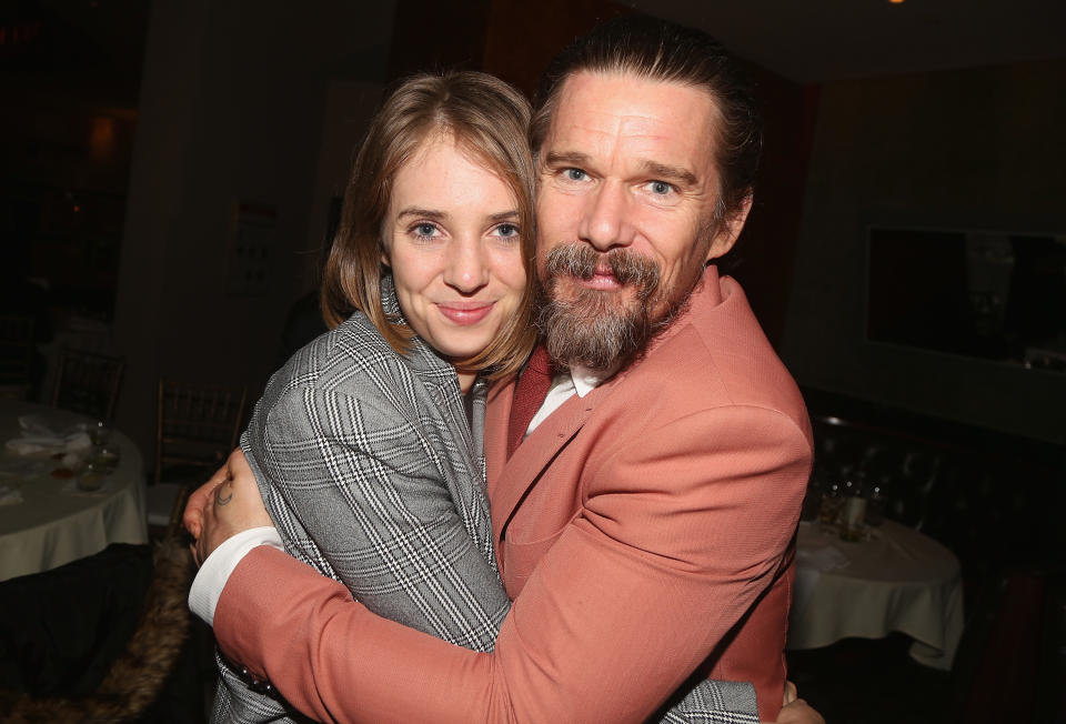 NEW YORK, NY - JANUARY 24:  (EXCLUSIVE COVERAGE) Maya Hawke and father Ethan Hawke pose at the opening night after party for the Roundabout Theatre Company's production of Sam Shepard's 