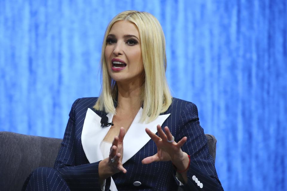 Ivanka Trump, the daughter and senior adviser to U.S. President Donald Trump, answers a question as she is interviewed at the Consumer Technology Association Keynote during the CES tech show Tuesday, Jan. 7, 2020, in Las Vegas. (AP Photo/Ross D. Franklin)