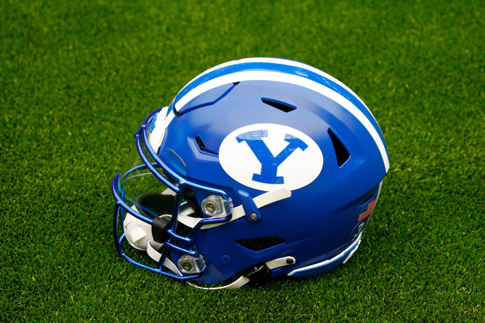 PARADISE, NEVADA - SEPTEMBER 4: Detail view of BYU football helmets on artificial turf before the Good Sam Vegas Kickoff Classic at Allegiant Stadium on September 4, 2021 in Las Vegas, Nevada featuring Brigham Young University Featuring the Cougars and Arizona Wildcats. (Photo by Jeff Speer/Icon Sportswire via Getty Images)