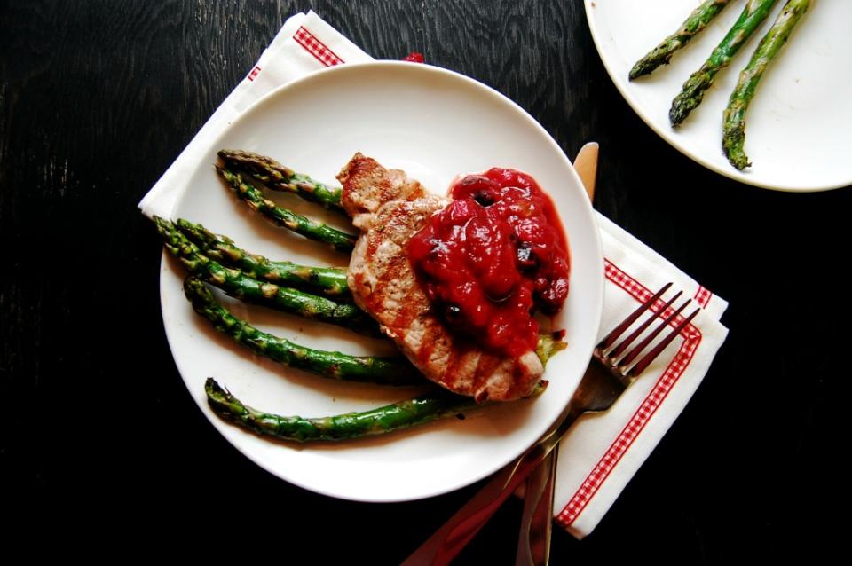 Grilled Pork Chops with Rhubarb Sauce