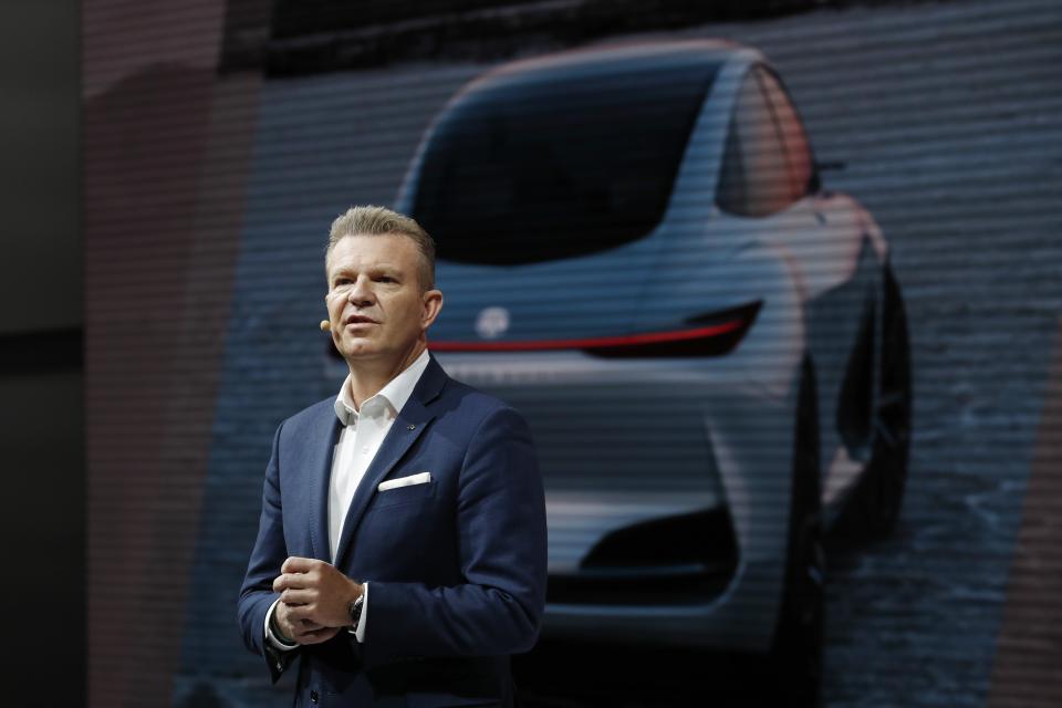 Chairman and Global President of Infiniti Motor Co., Christian Meunier, talks about the company's QX Inspiration concept, Monday, Jan. 14, 2019, at the North American International Auto Show in Detroit. No matter how much you rehearse, sometimes the elaborate product announcements at auto shows don't go as planned. On Monday, a temperamental Infiniti electric concept car wouldn't run and couldn't make it on stage for the Nissan luxury brand's press conference. (AP Photo/Carlos Osorio)