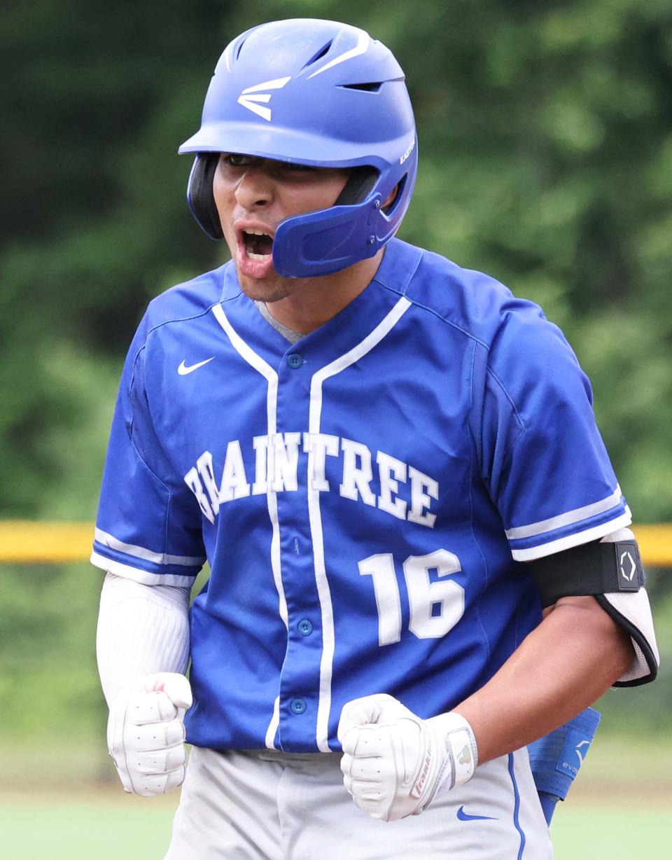 Braintree batter Jordan Gorham attempts to fire up his teammates after his a single during a game against Taunton on Saturday, June 11, 2022.