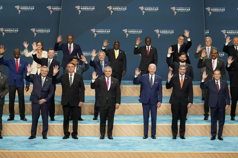 Heads of delegations including President Joe Biden, center right, and Colombian President Iván Duque center left, pose for a family photo at the Summit of the Americas, Friday, June 10, 2022, in Los Angeles. (AP Photo/Marcio Jose Sanchez)