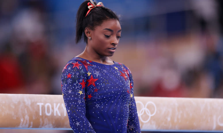 United States Olympics gymnast Simone Biles on the floor.