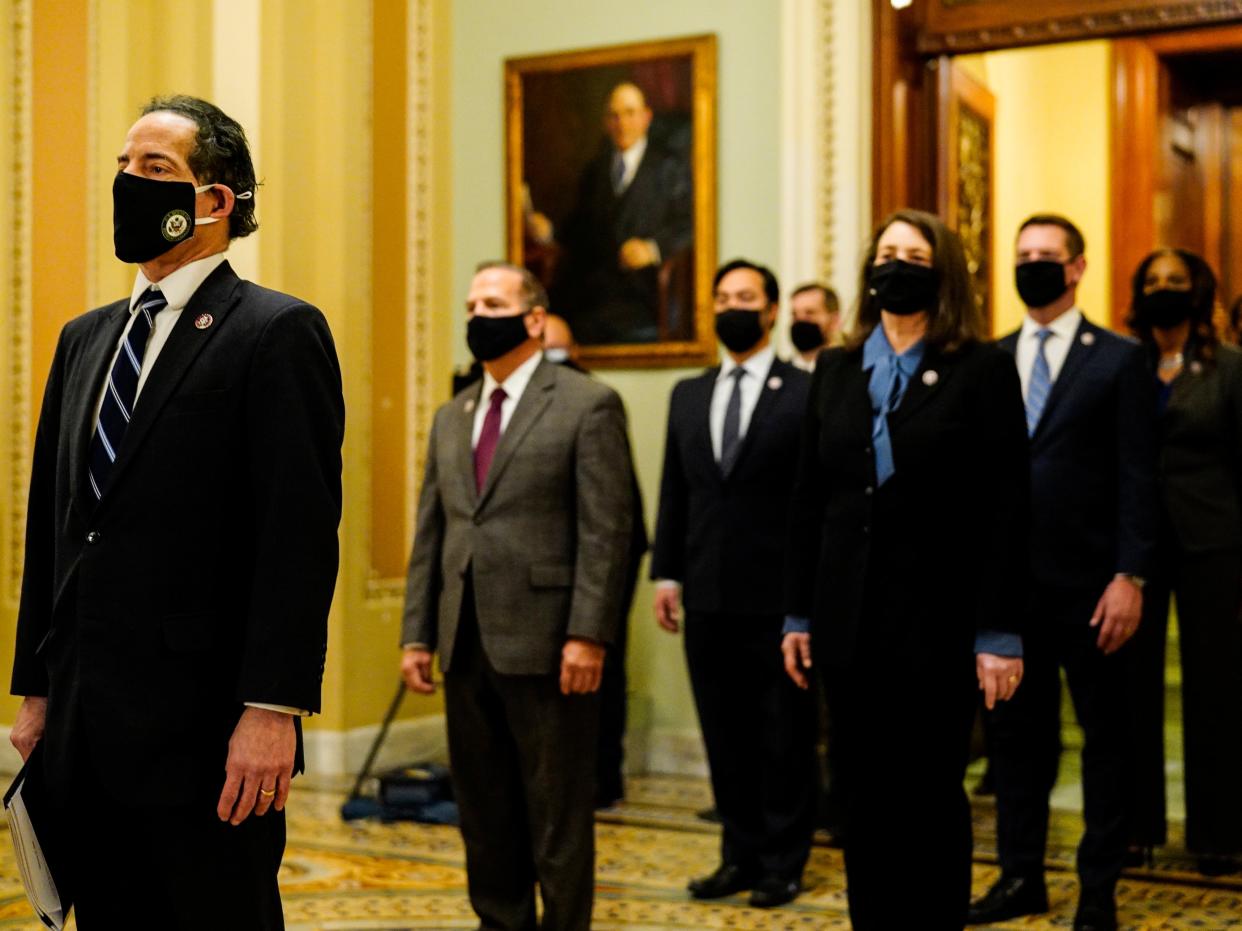 Representative Jamie Raskin leads fellow House Impeachment Managers after delivering the articles of impeachment to the Senate on 25 January 2021 in Washington, DC (Melina Mara – Pool/Getty Images)