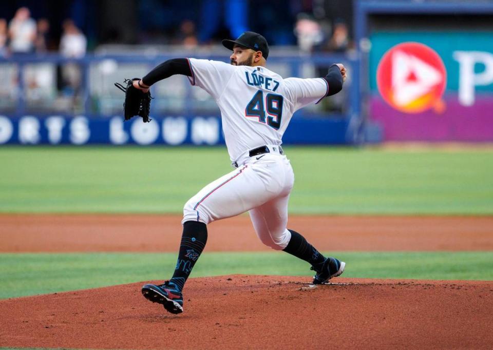 Miami Marlins starting pitcher Pablo Lopez (49) pitches during the first inning of an baseball game against the Colorado Rockies at LoanDepot Park on Wednesday, June 22, 2022 in Miami, Florida.