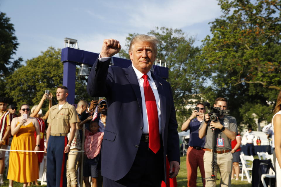 President Donald Trump arrives at a "Salute to America" event on the South Lawn of the White House, Saturday, July 4, 2020, in Washington. (AP Photo/Patrick Semansky)