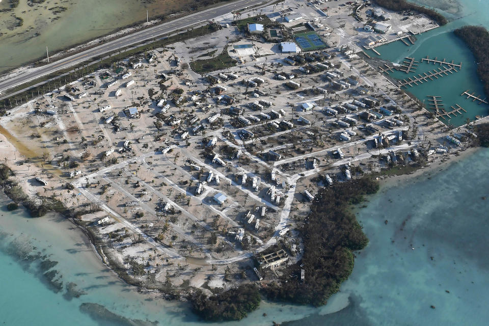 <p>Overturned trailer homes are seen in the aftermath of Hurricane Irma on Sept. 11, 2017 over the Florida Keys, Fla. (Photo: Matt McClain/Getty Images) </p>