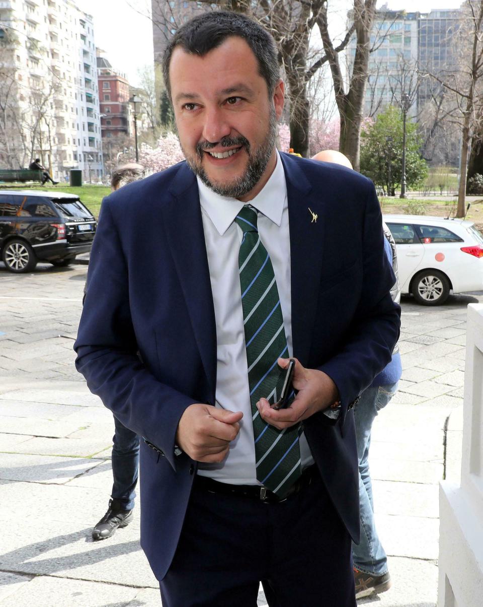 Italian Deputy Premier and Interior Minister Matteo Salvini arrives at the association 'Friends of the Opera', in Milan, Italy, March 9, 2019. Italy's coalition government frayed further Friday over the stalled high-speed rail line to France, with the League insisting it go ahead and the 5-Star Movement refusing to fund the next phase until the whole deal is renegotiated. (Mateo Bazzi/ANSA via AP)