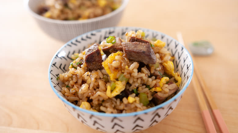 fried rice in patterned bowl