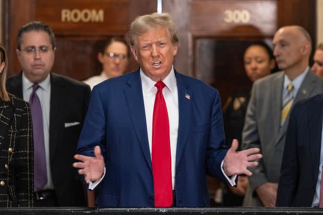 Former President Donald Trump speaks to the press before closing arguments at his civil fraud trial at State Supreme Court.