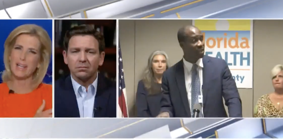 Gov. Ron DeSantis appeared on Fox New’s with host Laura Ingraham on Oct. 29, 2021. He called Sen. Tina Polsky’s decision to ask Surgeon General Joseph Ladapo to leave her office because Ladapo refused to wear a mask “manufactured.”