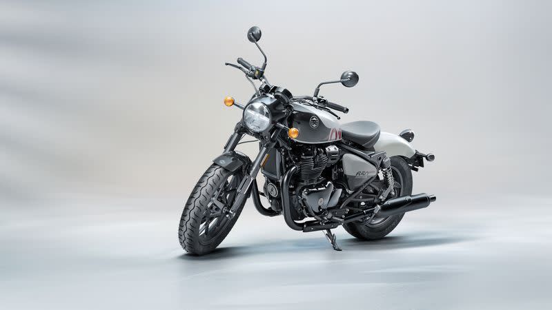 a black royal enfield shotgun 650 motorcycle with a white background