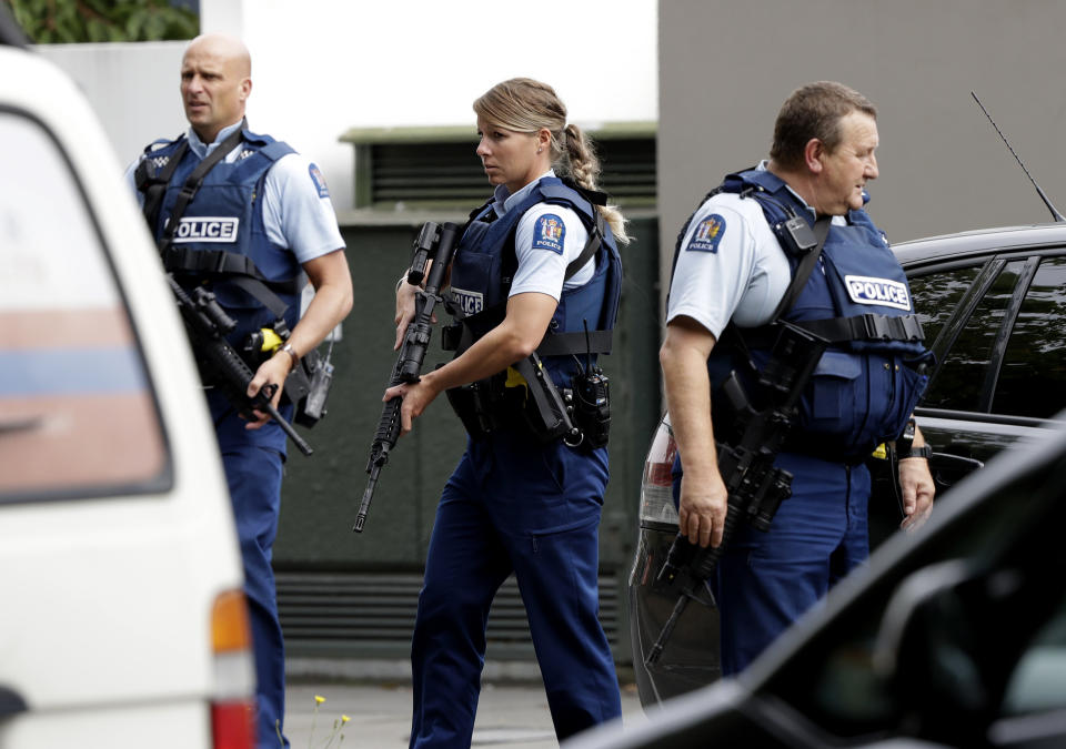 Armed police patrol outside a mosque in Hagley Park. Source: AAP