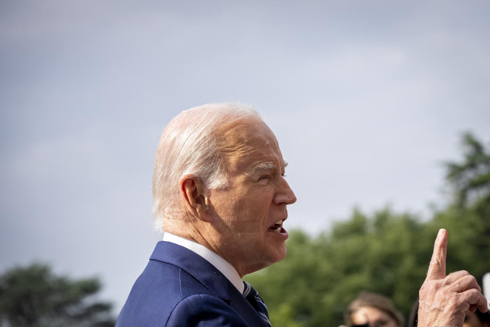 President Joe Biden speaks with members of the media before boarding Marine One on the South Lawn of the White House in Washington, Wednesday, June 28, 2023, for a short trip to Andrews Air Force Base, Md., and then on to Chicago. Biden has started using a continuous positive airway pressure, or CPAP, machine at night to help with sleep apnea, the White House said Wednesday after indents from the mask were visible on his face. (AP Photo/Andrew Harnik)