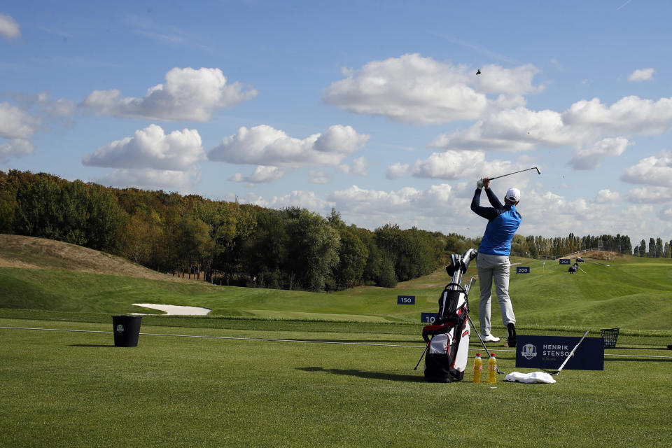 European Ryder cup player Henrik Stenson practices in Guyancourt, outside Paris, France, Monday, Sept. 24, 2018. The 42nd Ryder Cup Matches will be held in France from Sept. 28-30, 2018, at the Albatros Course of Le Golf National. (AP Photo/Francois Mori)