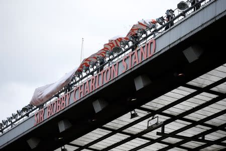 Football Soccer - Manchester United v Everton - Barclays Premier League - Old Trafford - 3/4/16 General view of the newly renamed South Stand "Sir Bobby Charlton stand" to commemorate the 60 year anniversary of his debut for Manchester United Reuters / Phil Noble Livepic EDITORIAL USE ONLY.