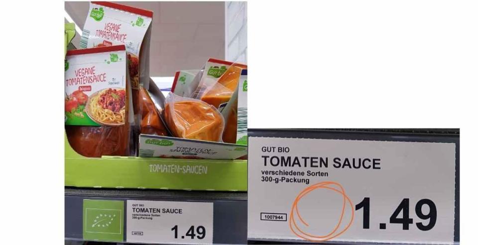 Der Grundpreis für die Tomatensauce fehlt. (Bild: Verbraucherzentrale Hamburg)